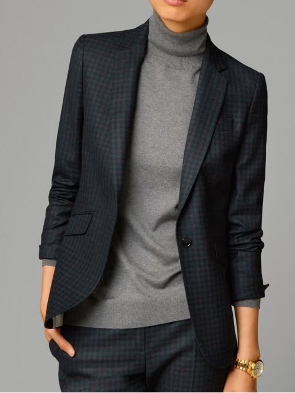 Massimo Dutti size 6 100% wool Women's Dark Check Single-Button Blazer blue